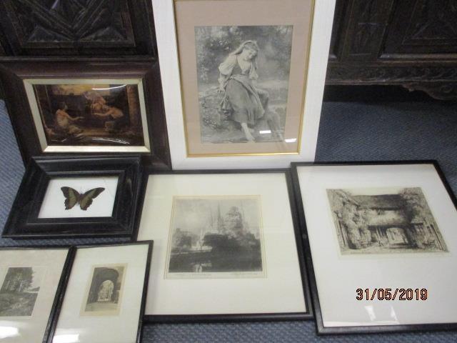 Mixed early 20th century engravings and prints, a butterfly picture and a Victorian cushioned