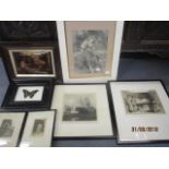 Mixed early 20th century engravings and prints, a butterfly picture and a Victorian cushioned