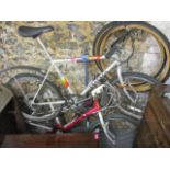 Mixed bikes and equipment to include a Peugeot bike, a Muddy Fox bike, bike racks and other items