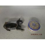 A small continental silver and enamel pill box and a cat snuff box