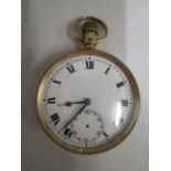 A 9ct yellow gold, open faced pocket watch with white enamelled Roman dial with off set seconds at 6