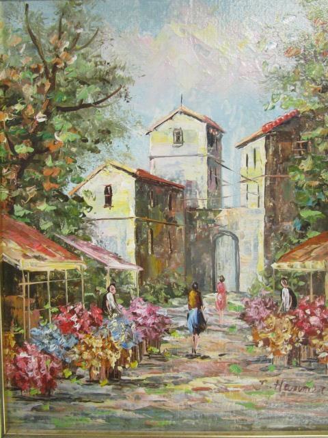 J Hammer - a 20th century French village flower market scene, oil on board, signed lower right