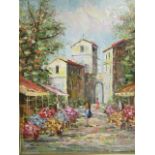J Hammer - a 20th century French village flower market scene, oil on board, signed lower right