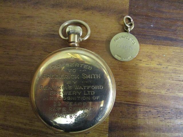 A Vertex gold plated pocket watch with 15 jewel movement, white enamel Arabic dial, off set - Image 2 of 2