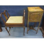 A Georgian mahogany bedside cabinet, together with an Edwardian inlaid piano stool with later