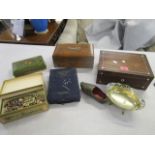 A mixed lot to include a mother of pearl and pewter inlaid rosewood box, costume jewellery and other