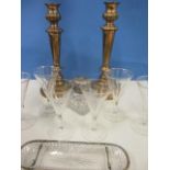 A pair of silver plated candlesticks A/F, a silver topped dressing table pot, a dressing table