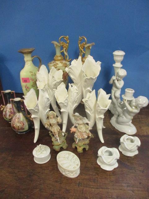 A pair of Austrian ewer style vases, five cornucopia vases and other ceramics