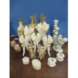 A pair of Austrian ewer style vases, five cornucopia vases and other ceramics
