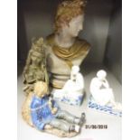 A pair of ceramic bookends, a stoneware figure of a tired boy A/F and two Articles of Virtu