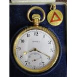 A Vertex gold plated pocket watch with 15 jewel movement, white enamel Arabic dial, off set
