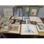 A mixed lot of mainly framed pictures to include a small watercolour, signed M H Hargreaves