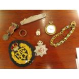 Silver, a military miniature Victorian medal, an RAF cloth badge, a silver sided penknife, an NFS