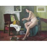 Tabrum - a studio portrait of a seated nude woman in an interior scene, oil painting on board,