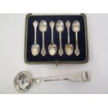 A set of six trefoil pattern silver teaspoons and a Scottish silver ladle