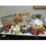 A mixed lot to include teaware, boxes, games, shaving and smoking related items and other items