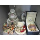 A mixed lot of china to include three Hummel figurines, commemorative china, cut glass fruit bowl