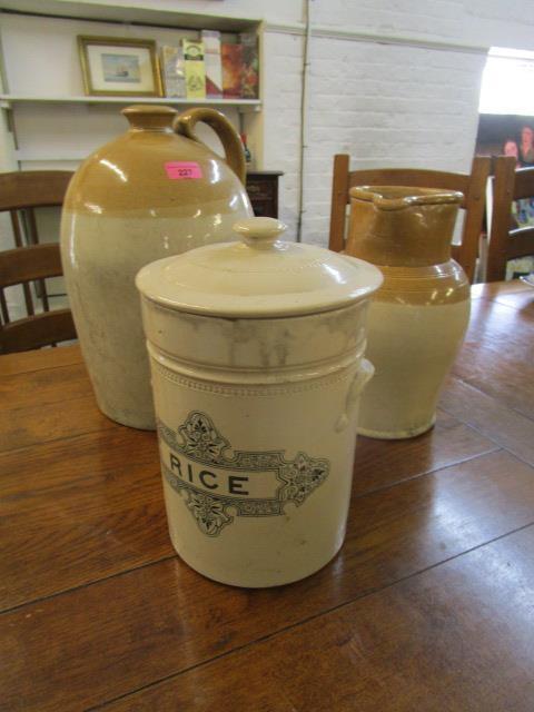 An Edwardian Grosvenor Glasgow rice jar and cover, a stoneware jug and a bottle