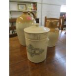 An Edwardian Grosvenor Glasgow rice jar and cover, a stoneware jug and a bottle