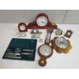 A quantity of dressing table clocks, barometers etc to include a Carr's silver framed clock