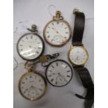 Three pocket watches, a silver cased, a continental silver cased and a gold plated cased example,