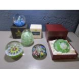 A group of various glass paperweights to include a boxed Selkirk Satin weight dated 1994