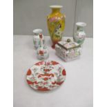 Oriental ceramics to include a pair of Chinese vases, a Satsuma vase, a diamond shaped pot and cover