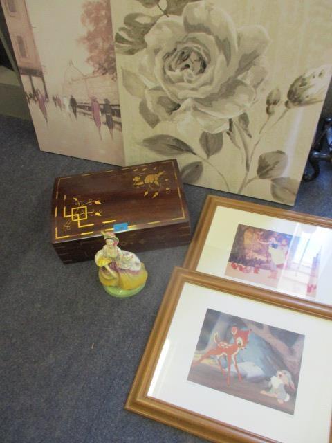 A mixed lot to include a brass inlaid hardwood jewellery box, Disney pictures, two contemporary