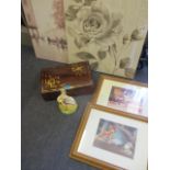 A mixed lot to include a brass inlaid hardwood jewellery box, Disney pictures, two contemporary
