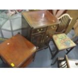 A reproduction mahogany TV cabinet, a two tier table and a 19th century dining chair