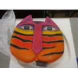 A Laurel Burch design studio plaster cat's head in bright colours, boxed