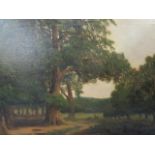 J Lewis - deer in a wooden landscape, oil on canvas, signed lower right corner 16" x 24 1/4"