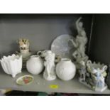 Mixed ceramics to include bisque figure groups, a part tea set, two Kaiser porcelain vases, a German