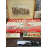 A retro Monopoly game, dominoes and pick-up sticks, together with a framed photograph of the 1908