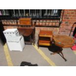 A mixed lot of furniture to include an oak barley twist table, a yew wood octagonal pedestal drum