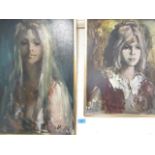 Two Retro oils, one on board of a young lady with long blond hair in a gilt frame, together with