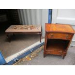 A mid 20th century mahogany stool with a tapestry top and a mahogany two drawer side cabinet