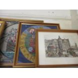 A mixed lot of artwork to include an Egyptian papyrus, engravings and two cross stitch pictures