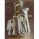 A mixed lot of wind instruments to include a Boosey & Hawkes 3-valve euphonium, a brass bugle and