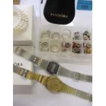 Pandora beads, earrings, various rings, a Casio and a Lorus watch