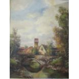 The Kottler - continental river scene with bridge, trees and buildings, signed with part original