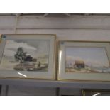 Dennis Pammett - coastal landscape/landscape with fisherman, a pair of watercolours, signed, the