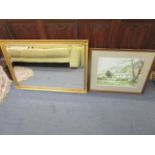 A gilt framed contemporary wall mirror with bevelled glass plate and a framed and glazed print by