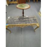 A mid 20th century Italian style gilt coffee table with mock marble top, together with a