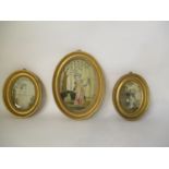 Three early 19th century embroidered panels, the larger of a woman looking at a lamb, 9" x 6 3/4",