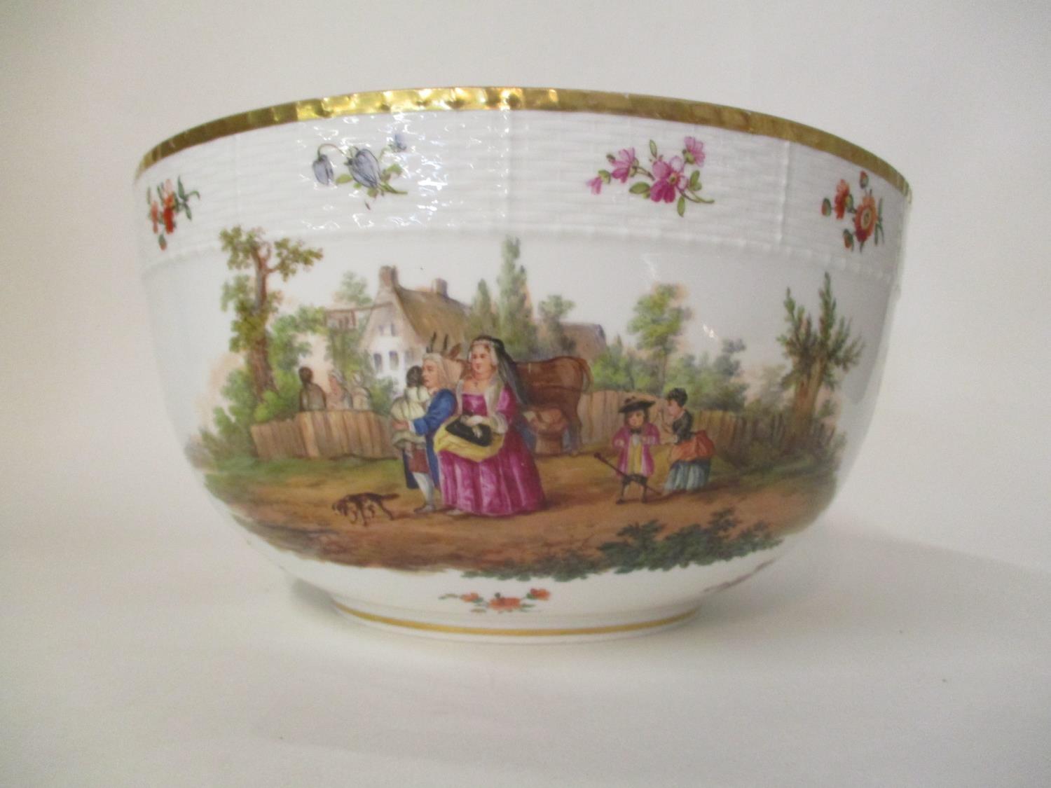 A late 19th century KPM porcelain bowl decorated with a group of men around a table in a garden - Image 3 of 4