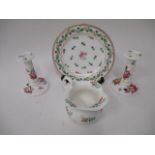 Coalport Flet Spar porcelain comprising a pair of candlesticks, 5 1/2" h, a jug 4"h and a plate 8