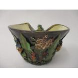 A Zsolnay Pecs Majolica vase, the inverted rim moulded with a frog looking over at a fly, the