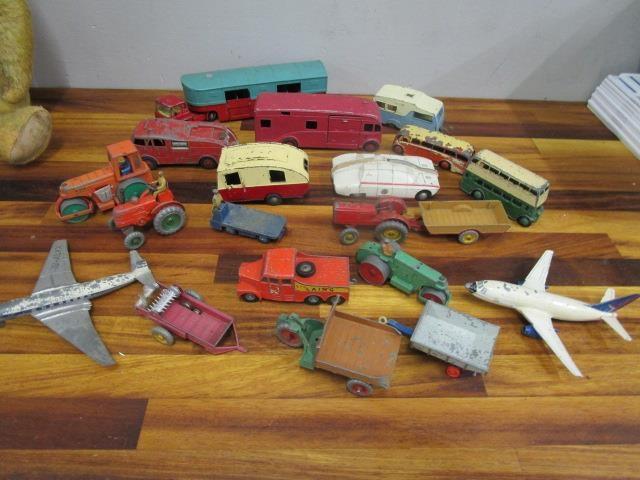 A collection of diecast vehicles to include two caravans, a Corgi Major Toys articulated horse