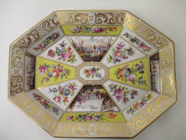 A pair of 19th century KPM octagonal dishes, decorated with panels of harbour scenes and flowers - Image 2 of 11